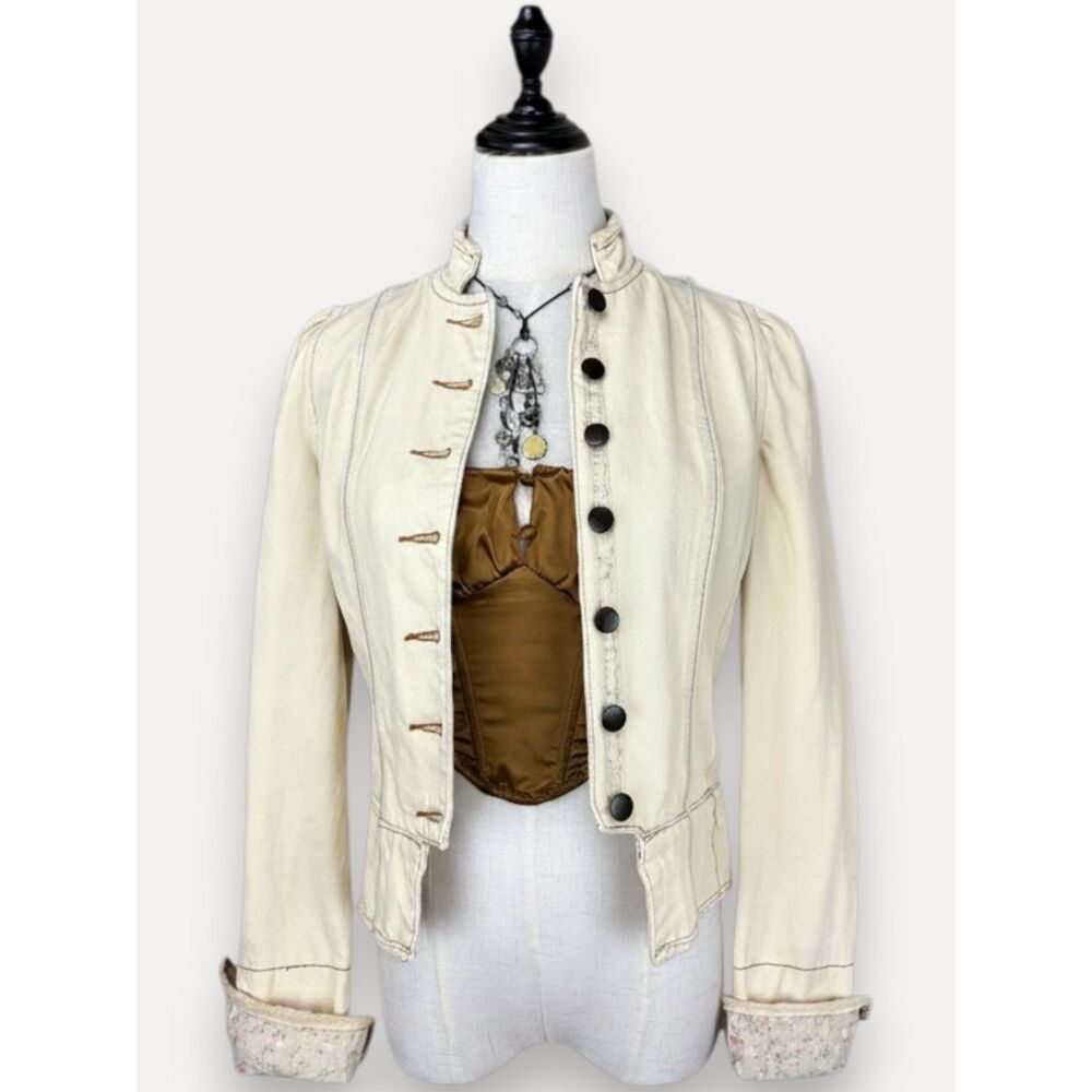 Vintage Cream Denim Military Jacket Victorian Cottagecore Size S